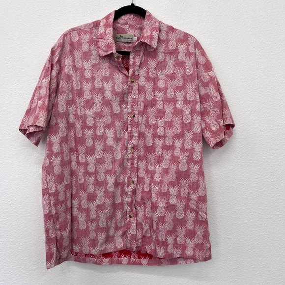 Two paddles‎ short sleeve pineapple mens button down red aloha print shirt Size: - Picture 2 of 7